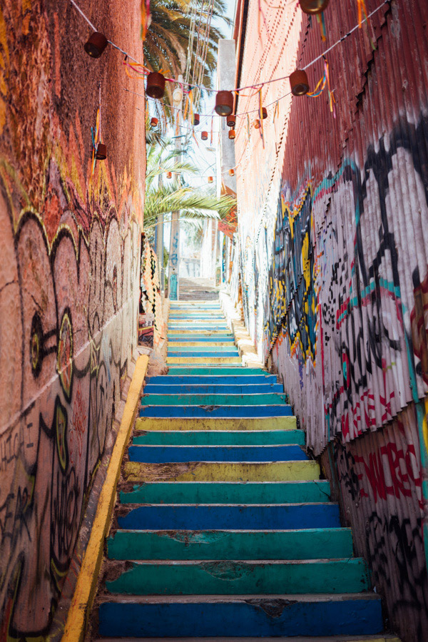  If you don’t want to take a funicular up the hills of Valparaiso, you’ll either zigzag your way up the streets or climb colorful stairwells like this. Sure it’s gritty, but that’s part of the charm. 
