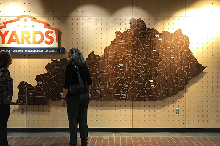 The Yards Learning Center supported by the Kentucky Cattlemen's Association, funded by Farm Credit Mid-America and Tarter Farm & Ranch Equipment . Classroom space donated by Bluegrass Stockyards . Designed and fabricated by Nomi.
