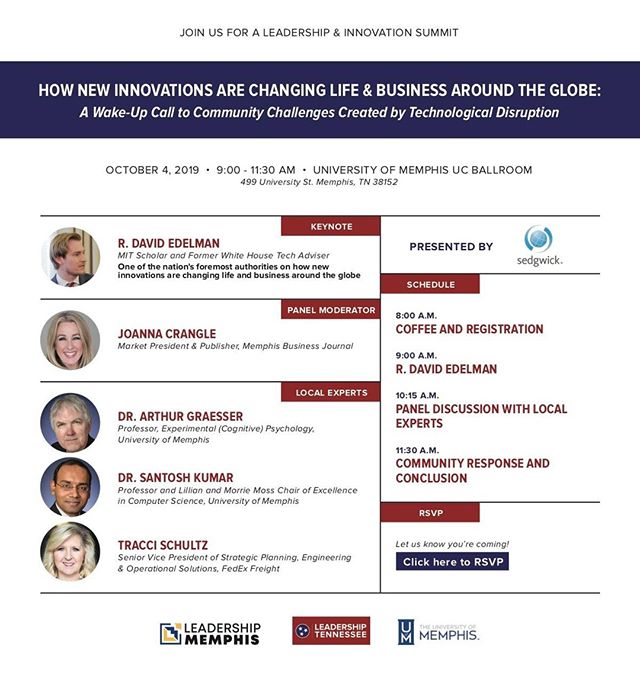 We are looking forward to being back in Memphis next week for a conversation on how our communities relate to the technology of the future. Have you registered yet? https://memphis.universitytickets.com/w/event.aspx?id=1388&p=1