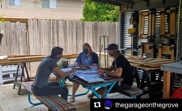 #Repost @thegarageonthegrove ・・・
Too many projects in the hopper + 3 project managers = regular meetings in the open air lobby with @jenmerrill_art @jnmorosa and @peterfoucault - masks required 😷