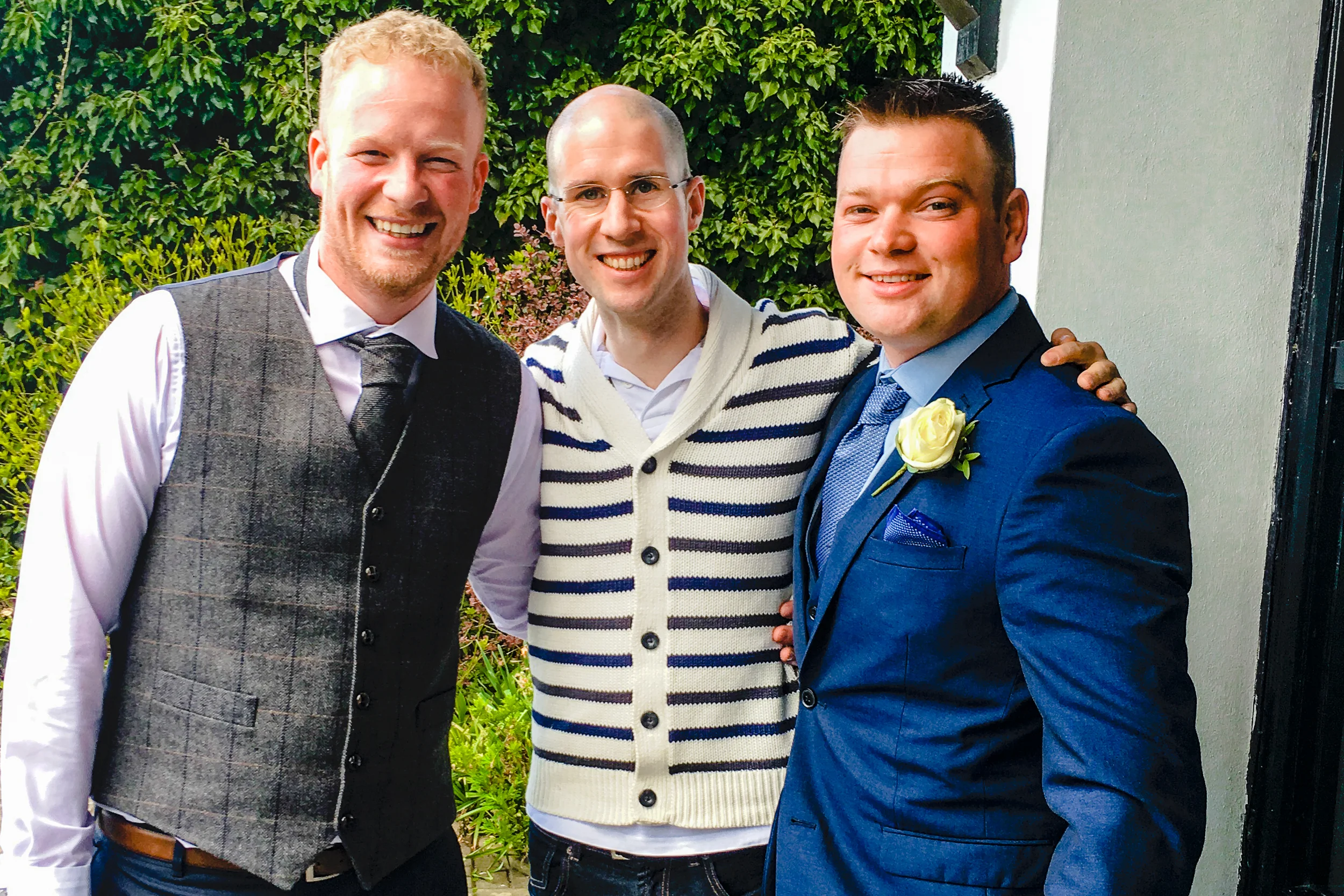 Wedding DJ Adam Carr in Tarporley, Cheshire with Mark on his Wedding Day and Phil who Adam played for on his Wedding day.