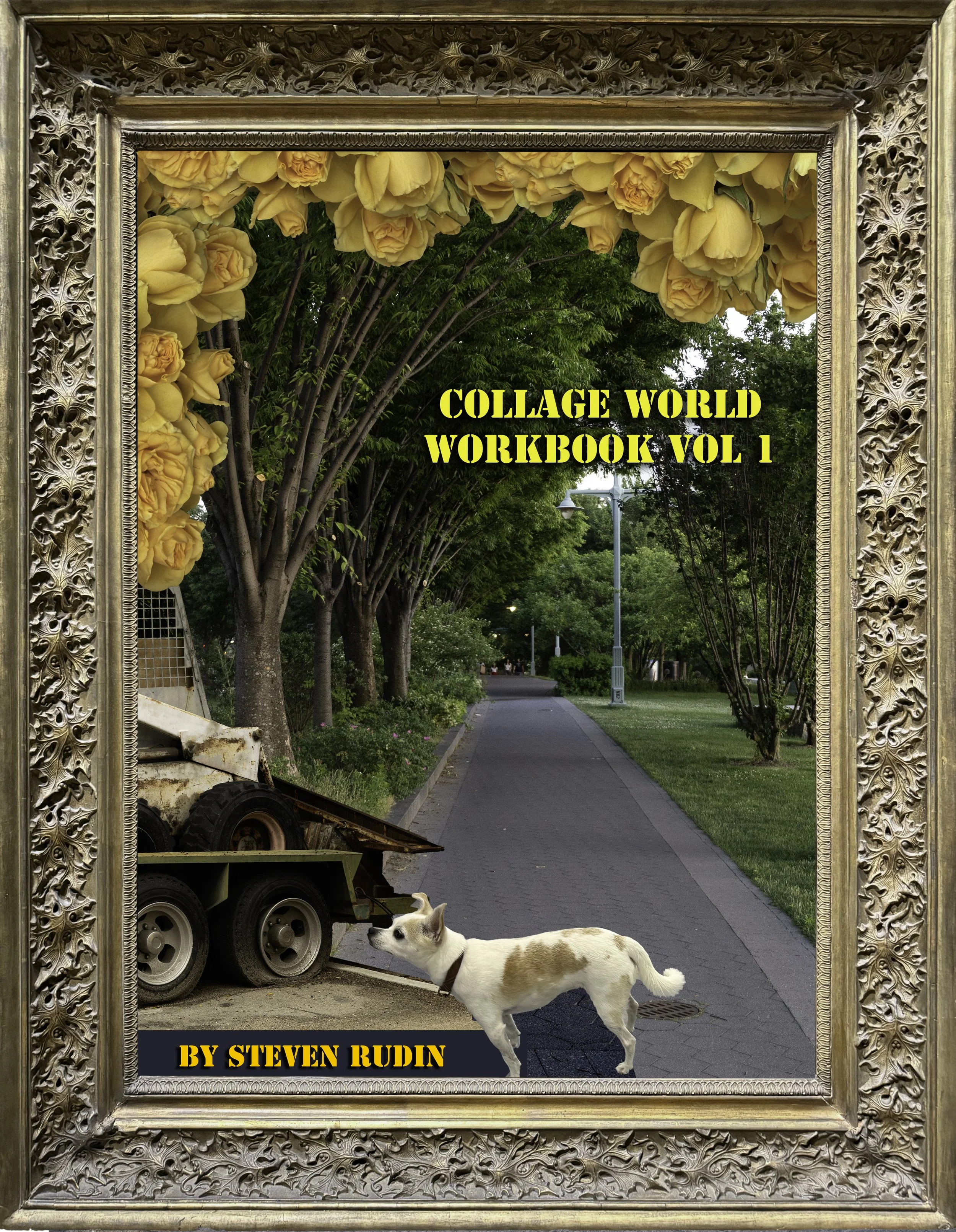 Gilded frame  border, small dog in the foreground checks out a utility vehicle, in the mid ground a path leads into the distance