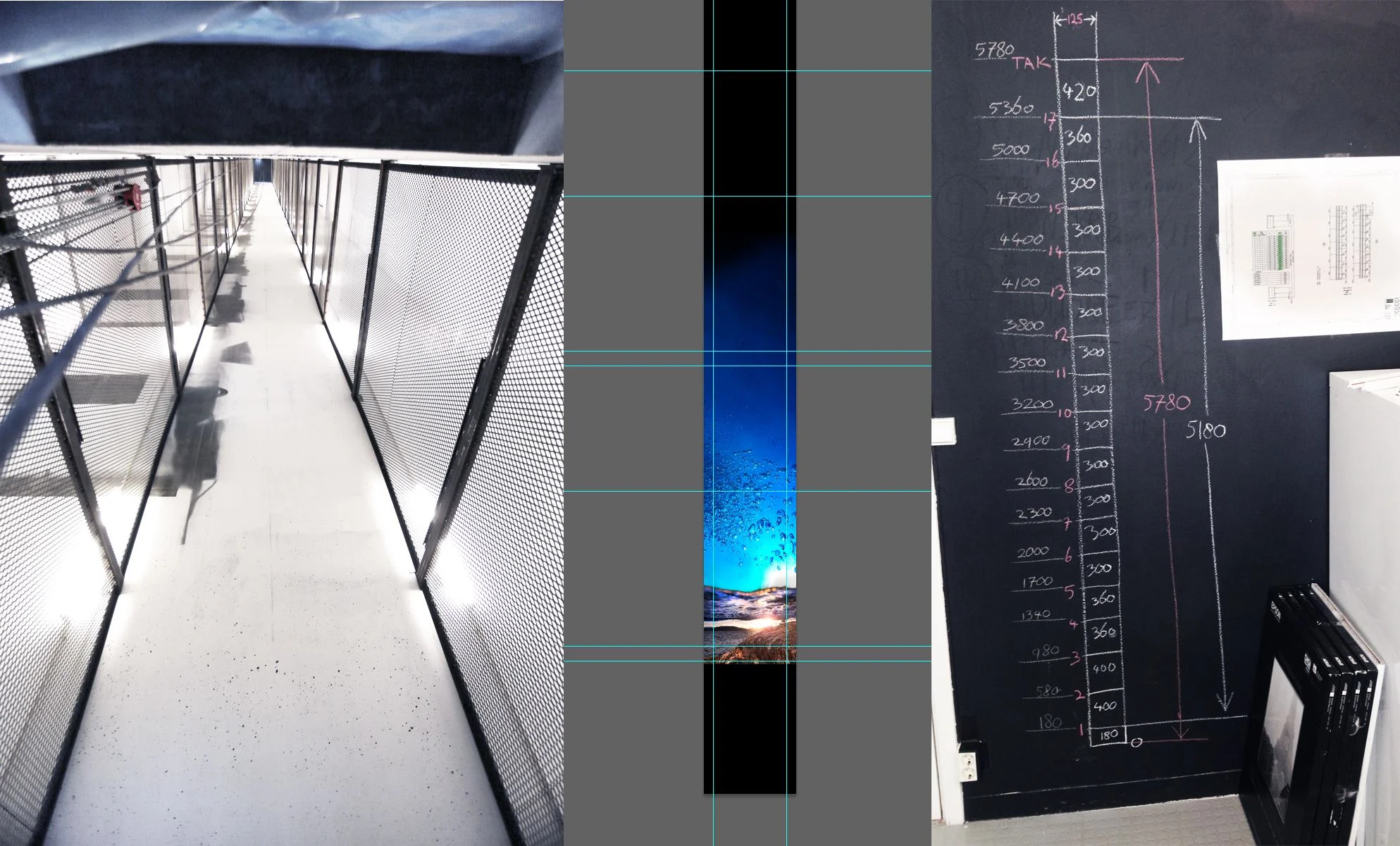 First calculations and drawings of each floor level and the distance in between, including floor thickness.