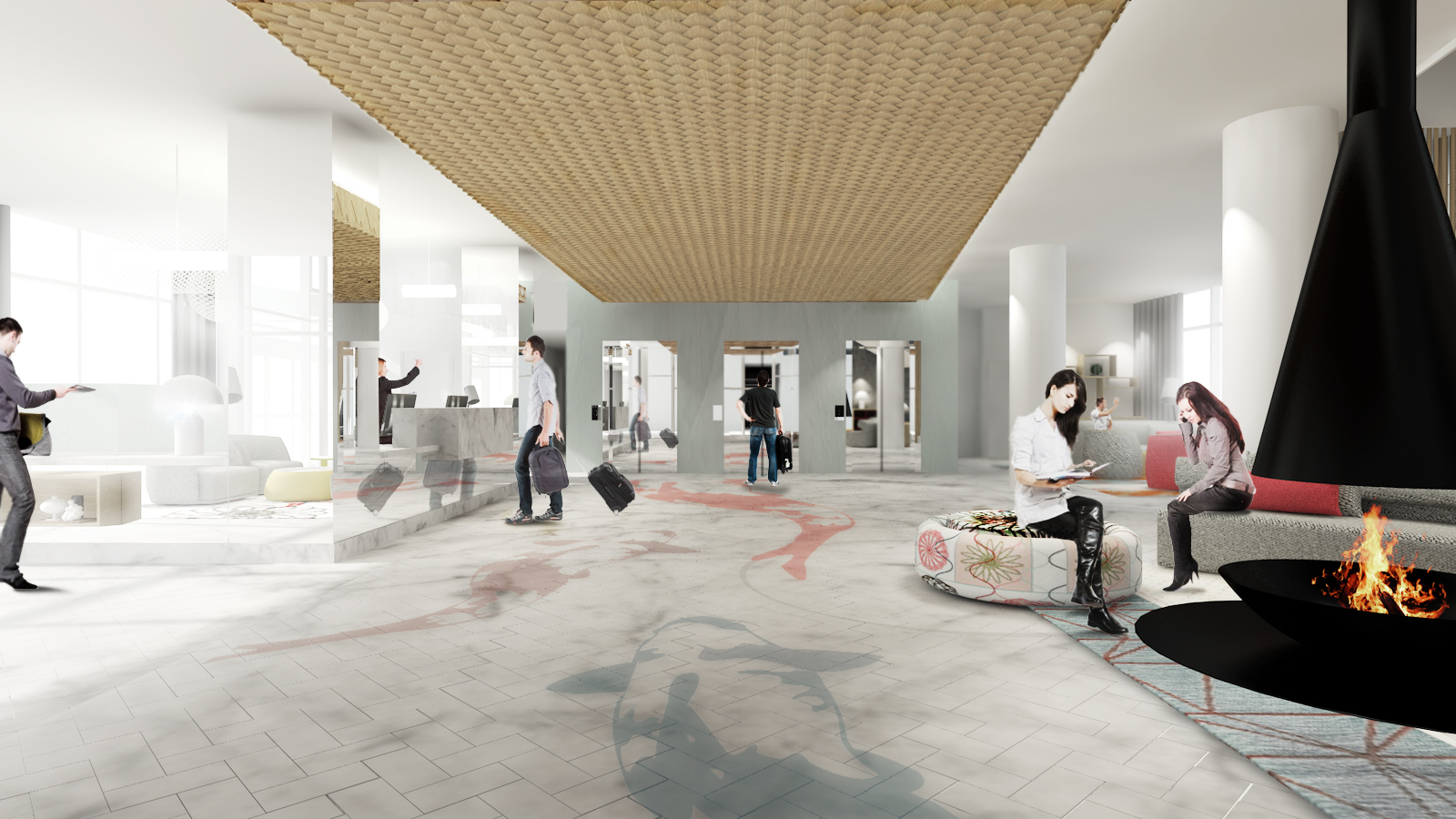 Architectural drawing of the lobby, showing graphic fishes swimming toward the center elevator.