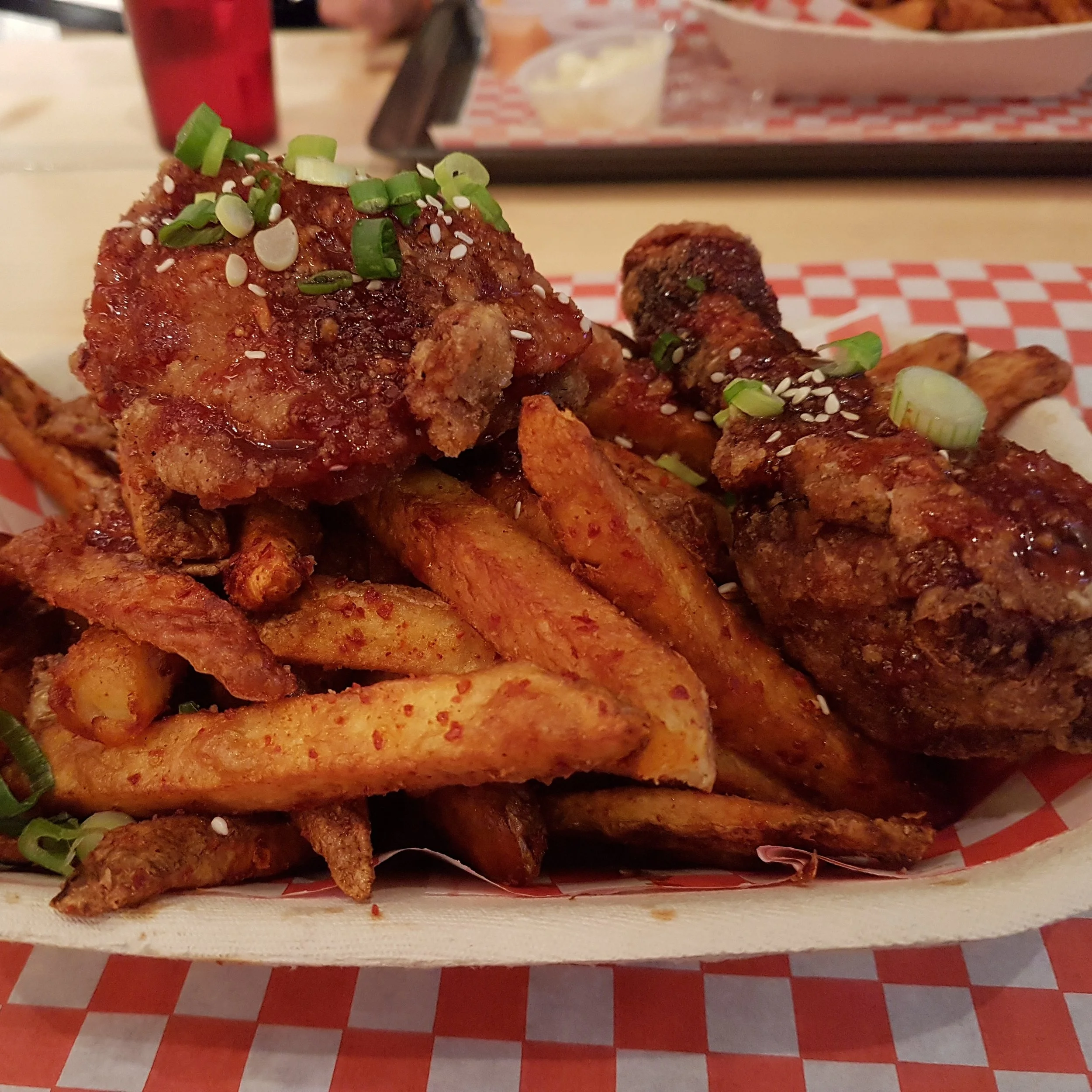 The Magnificent Two Piece Meal at Kaboom Chicken featuring the Chicken, Gochujang Fries, and Coleslaw. (Not pictured is the Secret Korean Guchujang Mayo -- not pictured because it's a secret, not because I'm a bad photographer)