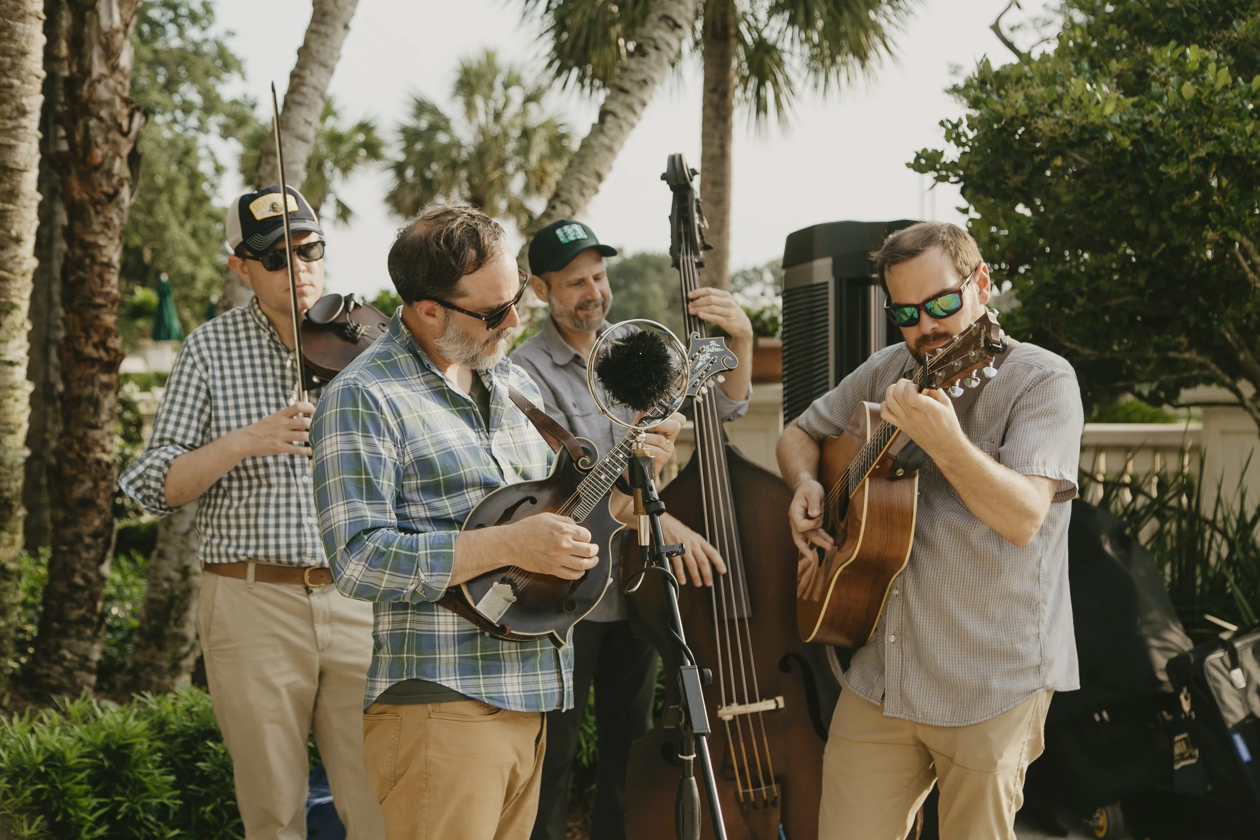 Bluegrass band playing on the terrace during a corporate conference welcome reception at Sea Island