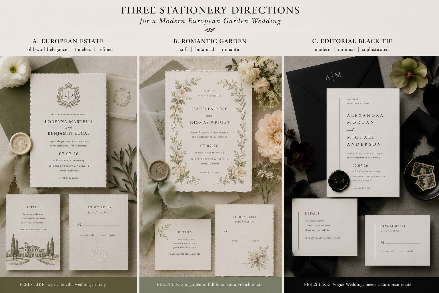 Comparison of three stationery styles for a modern European garden wedding: European estate in old-world elegance, romantic garden in soft botanical design, and editorial black tie in modern minimal style, each with wedding invitations, RSVP cards, and wax seals.