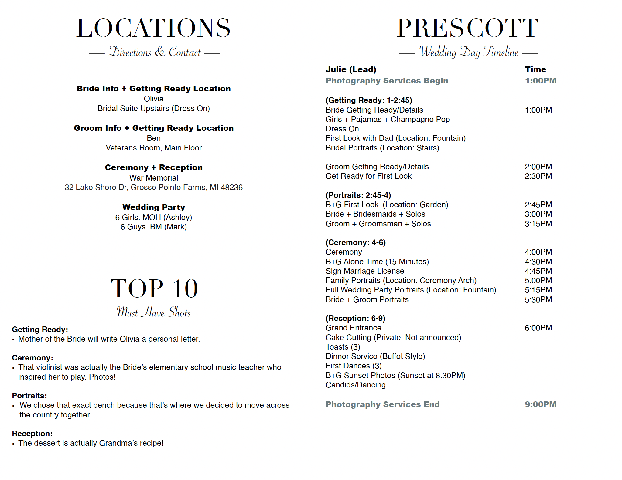 Wedding day timetable and family portrait plan for the Esteva-Robinson wedding, including schedule of events, portrait locations, and family member details.