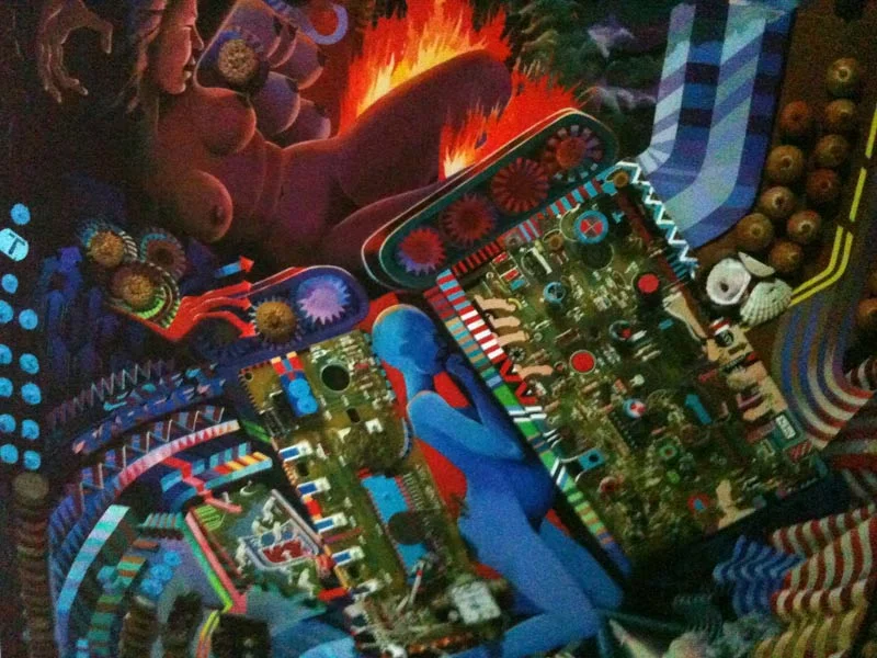War Machines: Conflagration Between Acorns and Monetary Units - excerpt from construction made of acrylic on pizza box, canvas, constructions, phone parts, deadly nightshade seeds, etc.