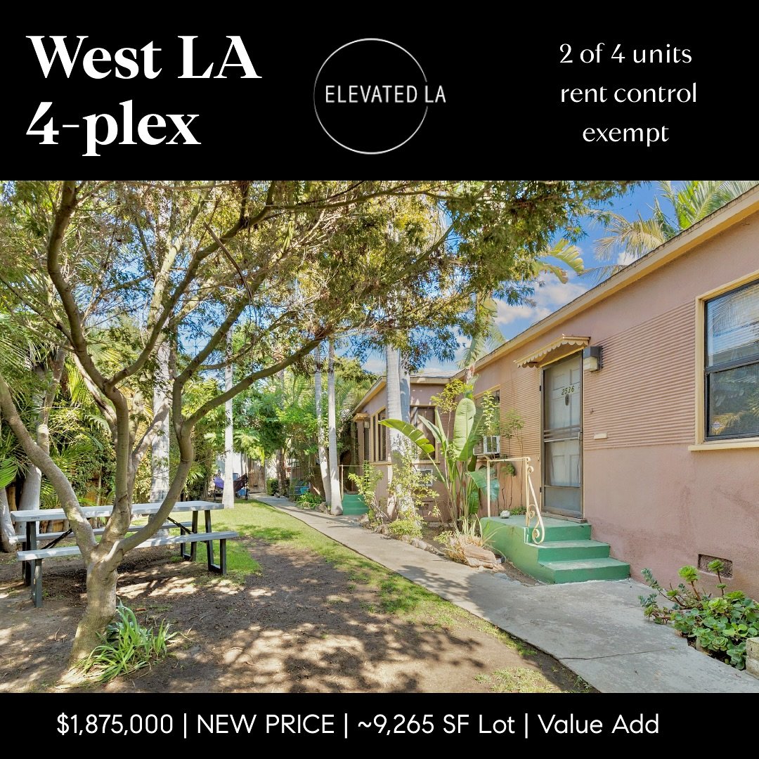 New Price | 4-plex in West LA Rancho Park 

Oversized ~9268 SF lot

three 1 bed/1 bath units, one 2-bed/1 bath unit

4 private garages
 additional parking for six 🚗 

Private or semi- private outdoor spaces for each unit 🌳 

Laundry for each unit

