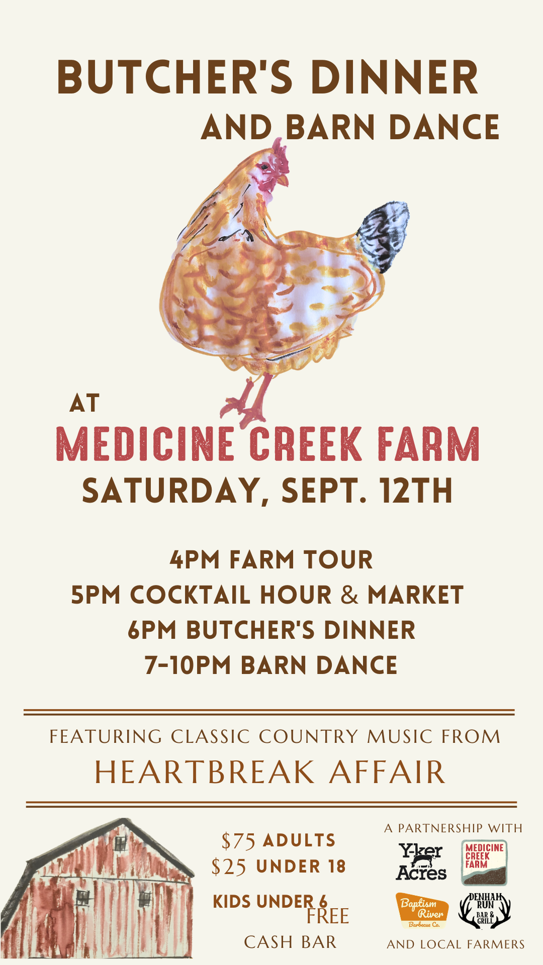 Watercolor painting of yellow chicken under banner that says Butcher's Dinner and Barn Dance