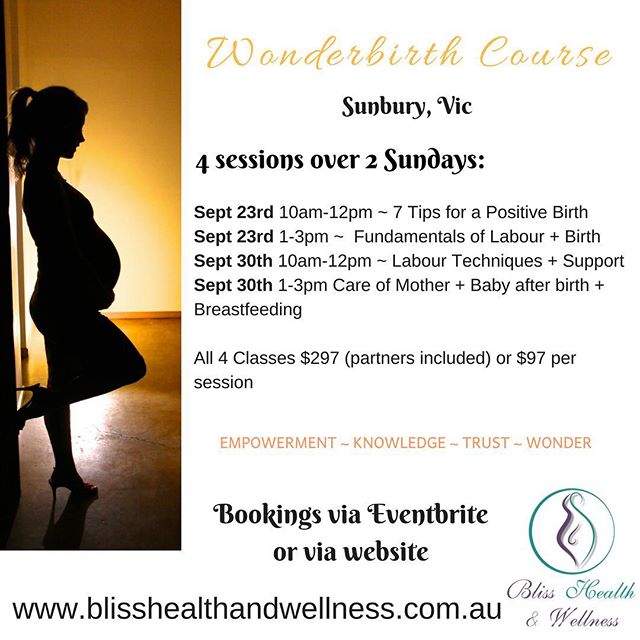 Pregnant mumma&rsquo;s... come join this Wonderbirth workshop in September. Held over 2 Sunday&rsquo;s in Sunbury, Vic just 30mins out of Melbourne. 
EMPOWERMENT - KNOWLEDGE - TRUST - WONDER
.
.
.
.
#childbirtheducation #wonderbirth #blisshealthwelln