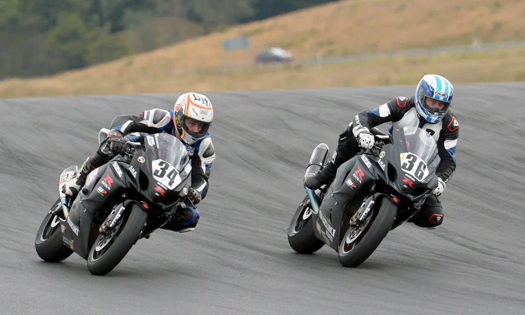 The RCM Team of (34) Daniel Mettam and (36) Ray Clee dominated the Senior category at Round Three of the AMCC Club Series. Both are Suzuki GSX-R1000 mounted, and run in Formula One. Credit: Philip Kavermann  