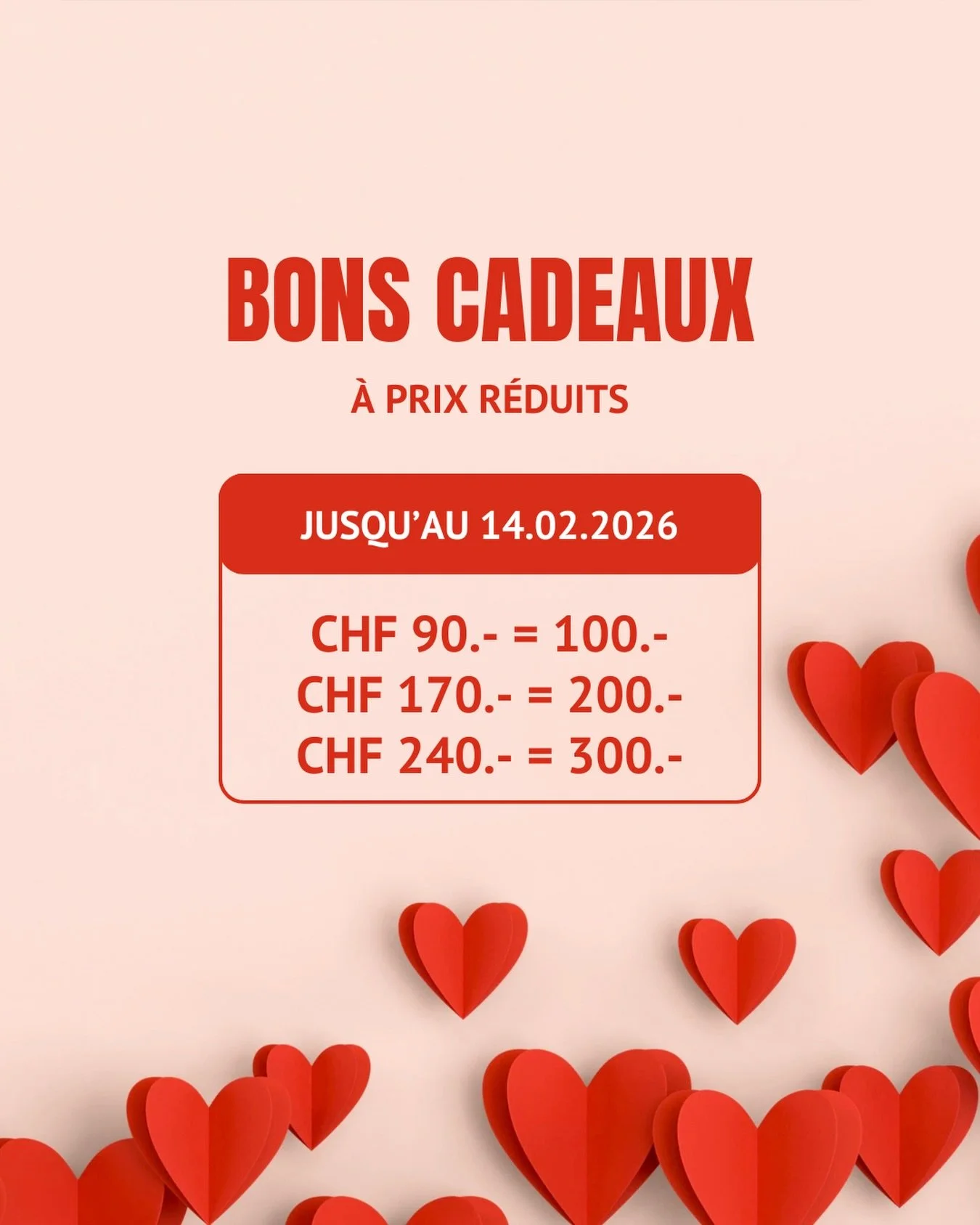 🌹✂️ Love is in the hair ! 

Faites-vous plaisir ou faites plaisir &agrave; vos proches avec notre offre sur les bons cadeaux 19th Avenue ! 

💌 Bon cadeau de CHF 100.- = -10% (vous payez CHF 90.-)

💌 Bon cadeau de CHF 200.- = -15% (vous payez CHF 1