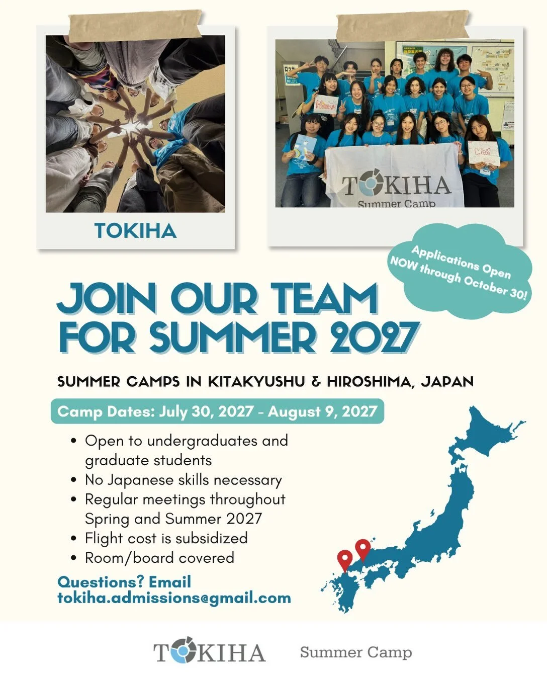Calling all college students! 📣 Interested in becoming a summer camp counselor in Japan? Come apply to join us for 2027! 

Application Period: Now - October 30th, 2026

Info Sessions:
- In-person on September 17 @ 5pm PST, Room B1M20E @ Engineering 