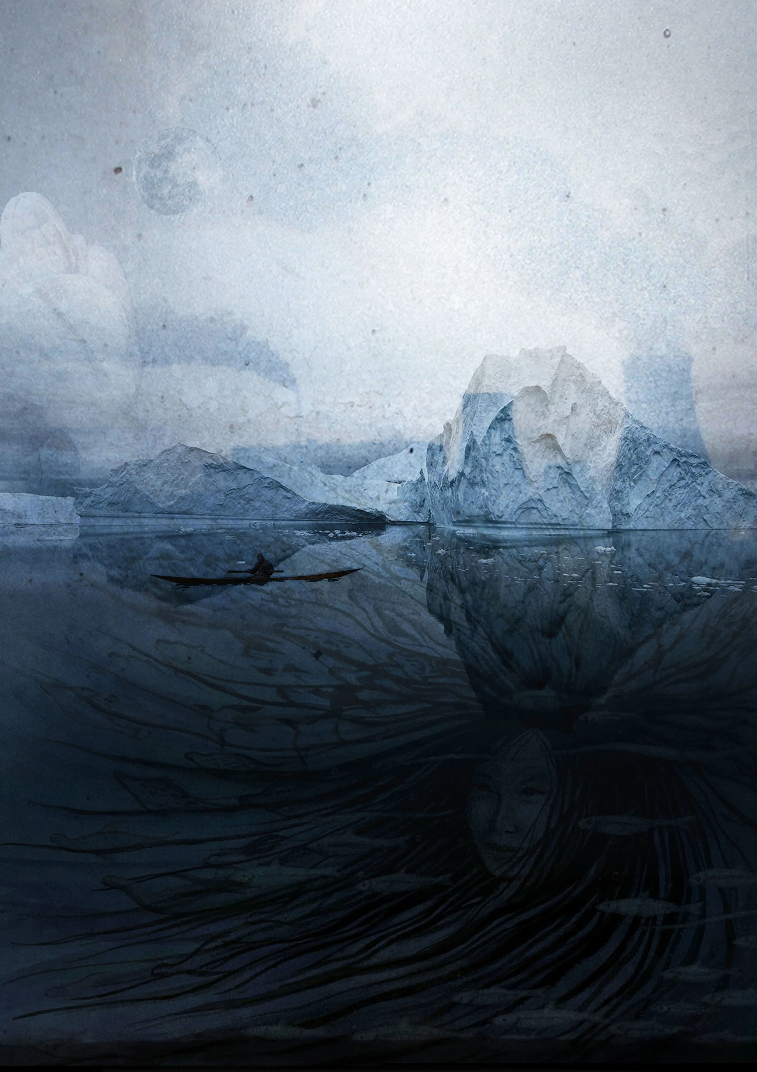 Collage. KONCEPT for the furniture collection. The story of the greenlandic man in his kayak in the harsh yet beautiful nature sorrounded by his religious believes in greater powers.