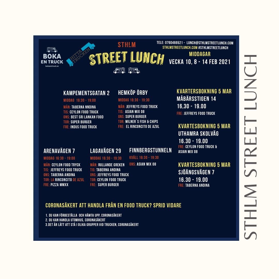 Veckans schema f&ouml;r @sthlmstreetlunch platser ser ut s&aring; h&auml;r. En hel del nyheter p&aring; schemat, l&auml;s mer p&aring; deras instakonto. 

#sthlmstreetlunch #bokaentruck #hittatrucken #streetfoodmedia #popupconcept