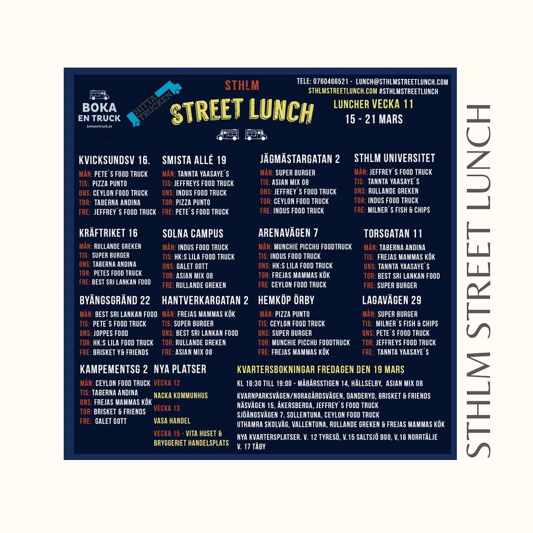 Vecka 11 &auml;r h&auml;r och ser h&auml;r ser @sthlmstreetlunch schema ut. 
G&aring; och f&ouml;lj s&aring; kommer du f&aring; massor av nyhet f&ouml;r vad som &auml;r p&aring; g&aring;ng inom kort. 

#sthlmstreetlunch #bokaentruck #hittatrucken #po