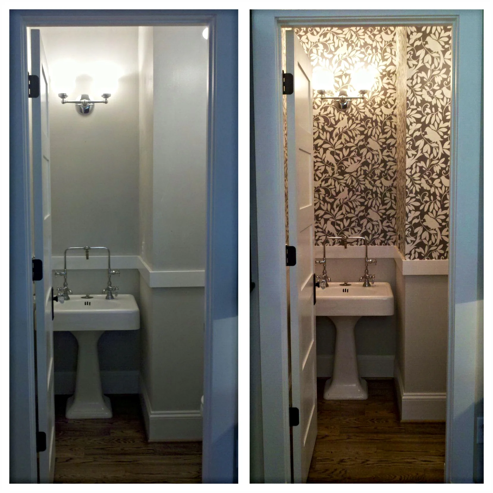 Adding this designer wallpaper above chair rail complimented this antique barber's sink. 