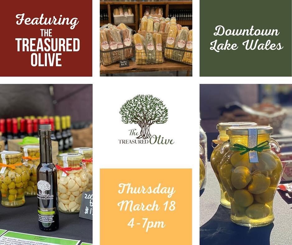 The Treasured Olive is an extra virgin olive oil and balsamic vinegar tasting shop and they're bringing 'olive' the oils, vinegars, pastas, and more to the market!

Get what you need for a delicious meal at the very first #3rdThursdayMarket on March 