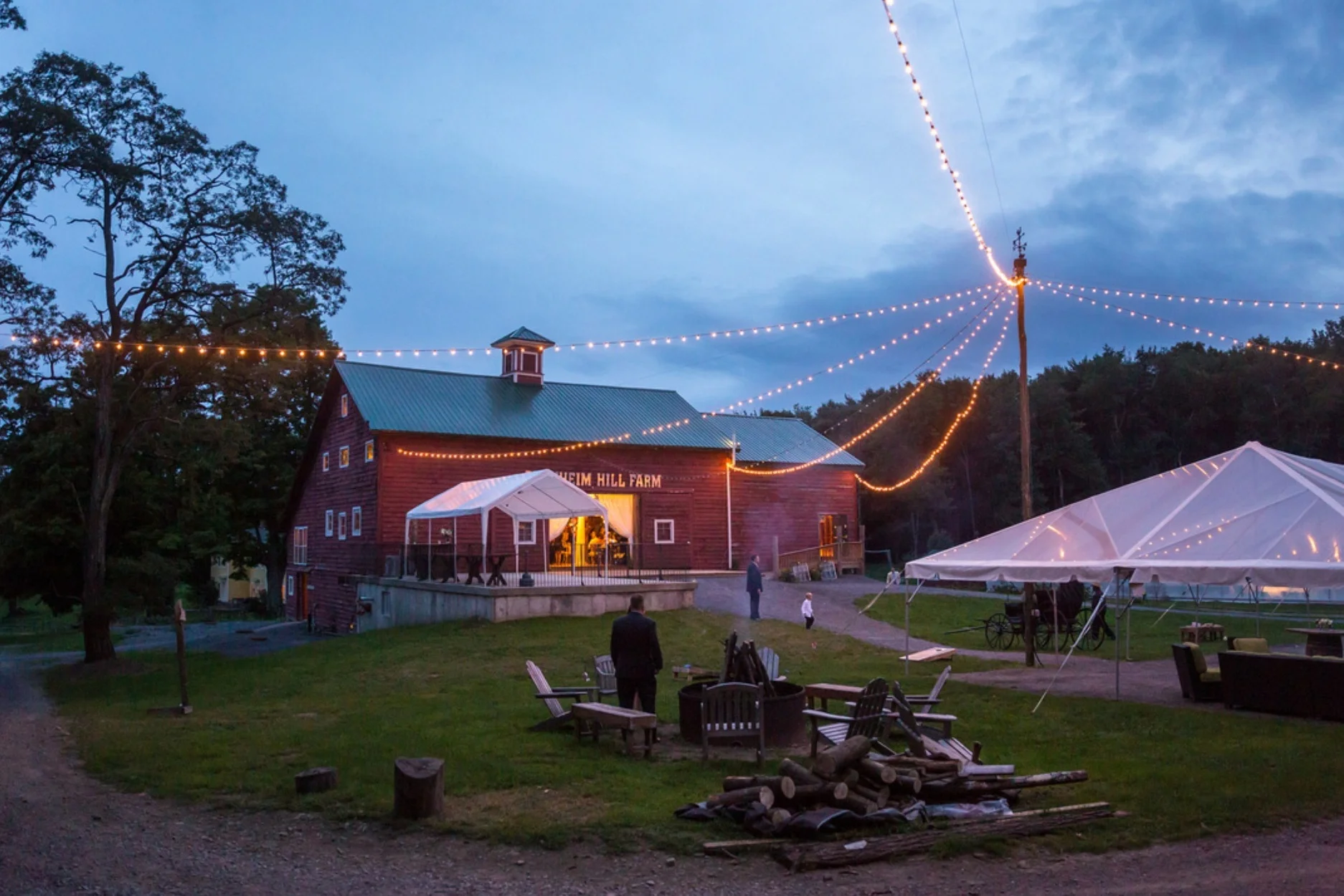 Cocktail Hour Tent, Bonfire Circle and Barn ready for the party