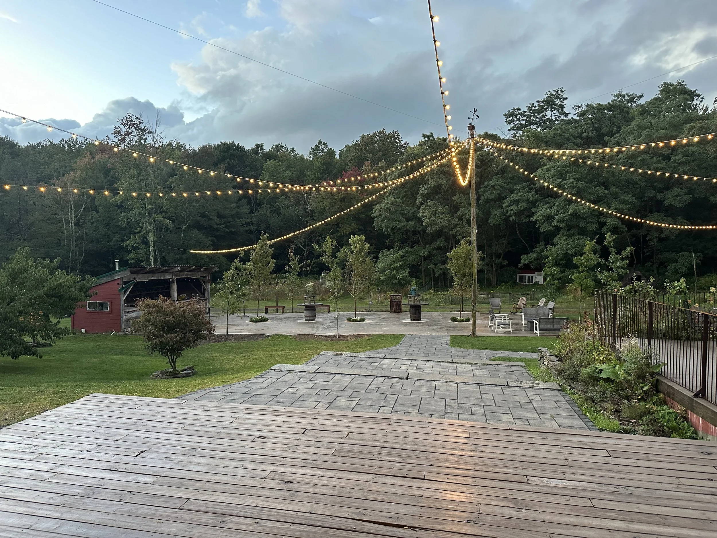 An outdoor cocktail hour patio area with string lights hanging overhead, surrounded by trees and hills, with outdoor seating and farm animals in the background.