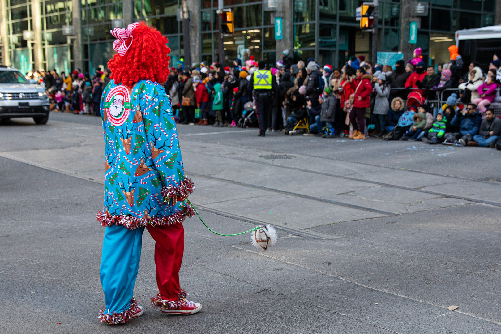 Celebrity Clown walking her invisible dog