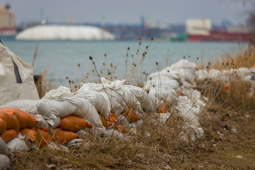  A view of more sand bags along the shore line.  