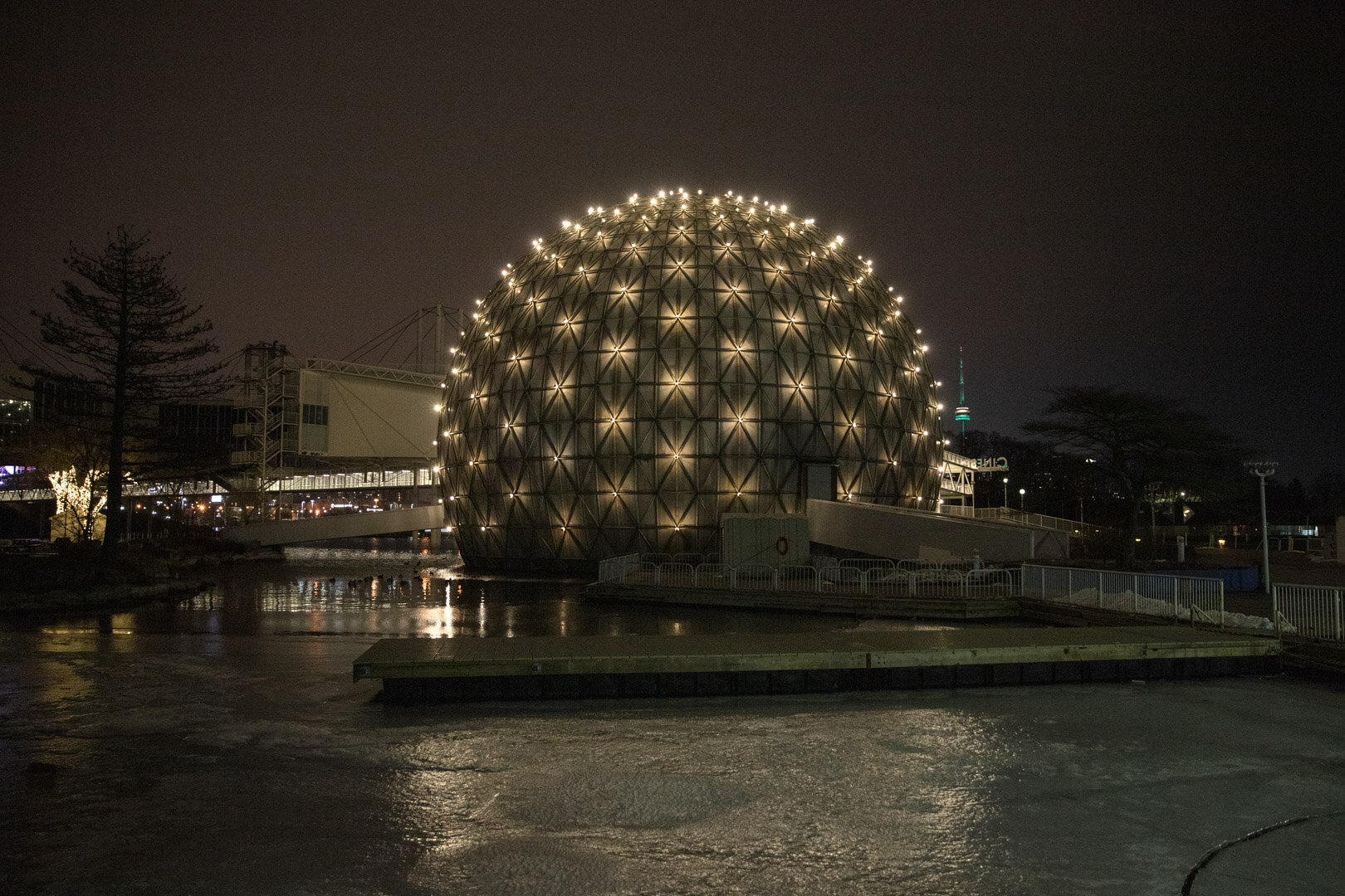  The Triodetic Dome of the Cinesphere lit up at night leaves people in amazement.  