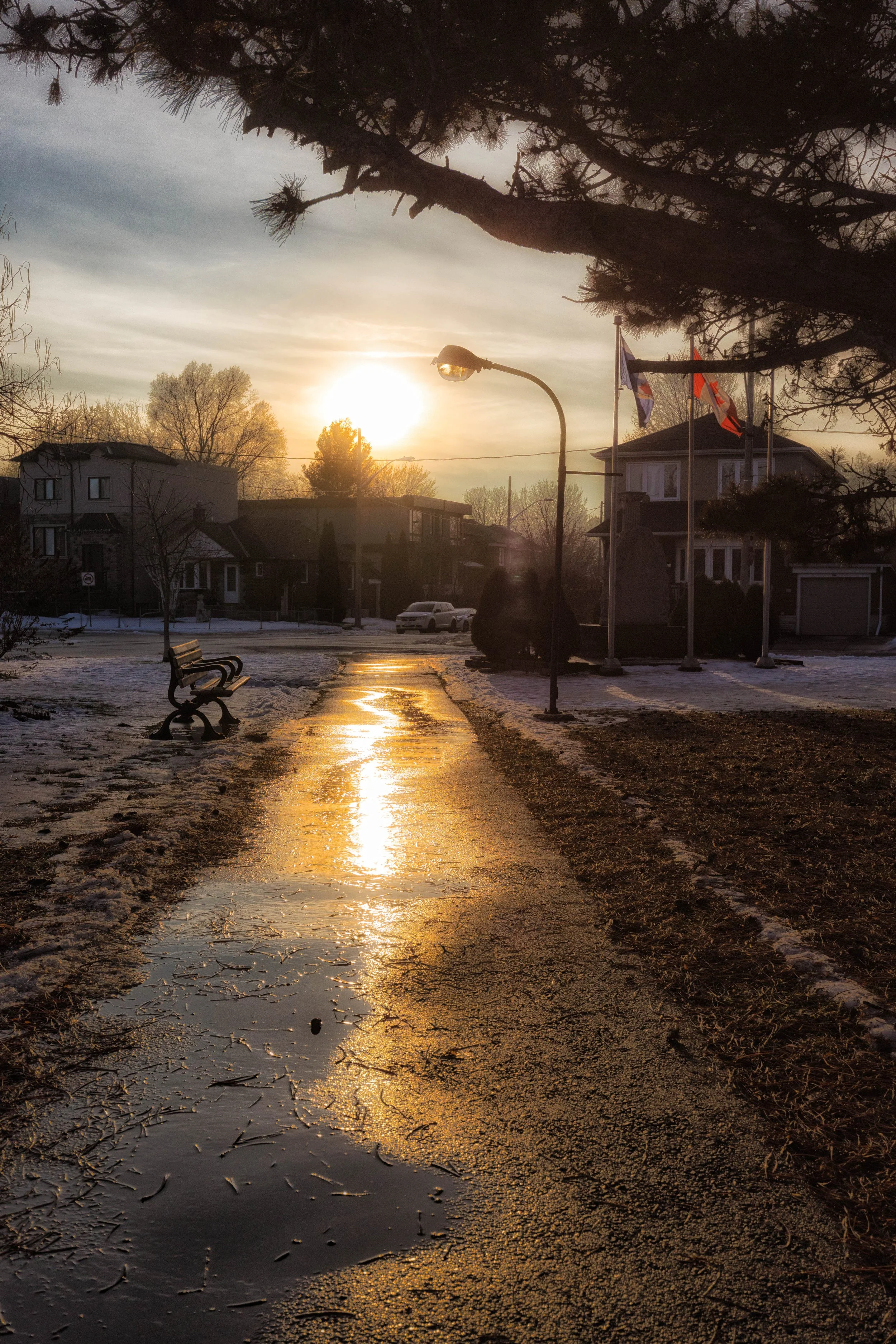 Winter sunset along a pedestrian pathway near S. Walter Stewart Public Library in East York.