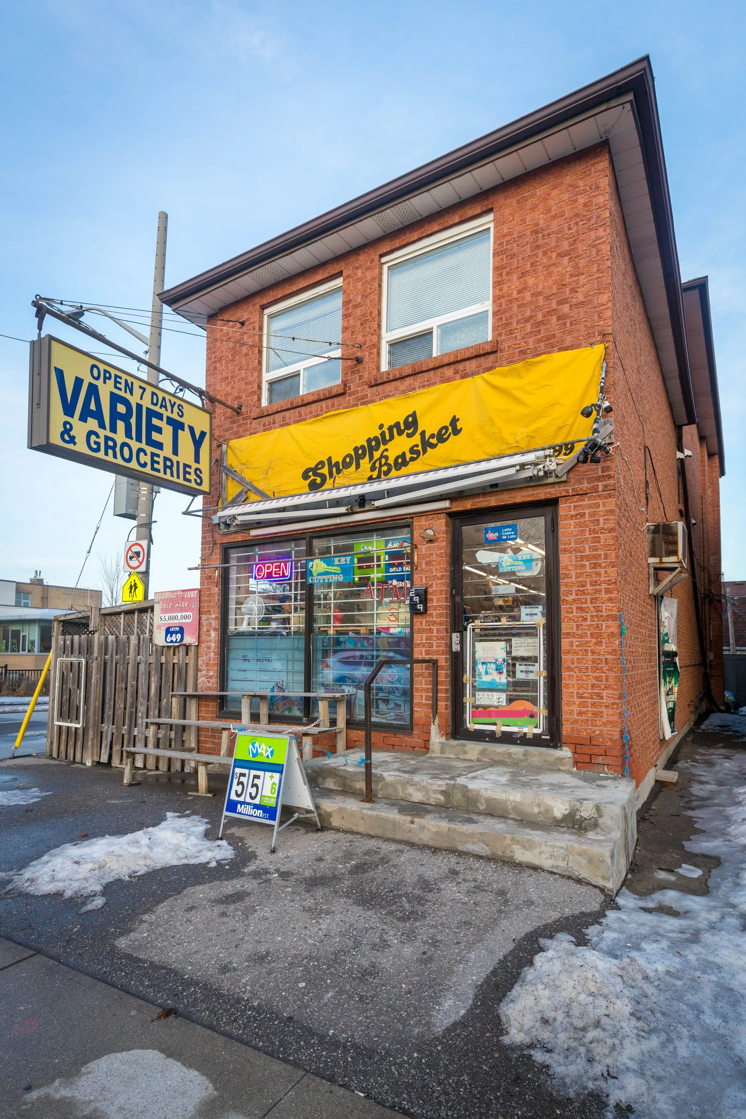 Corner variety and grocery store along Donlands Avenue in East York, Toronto, January 8