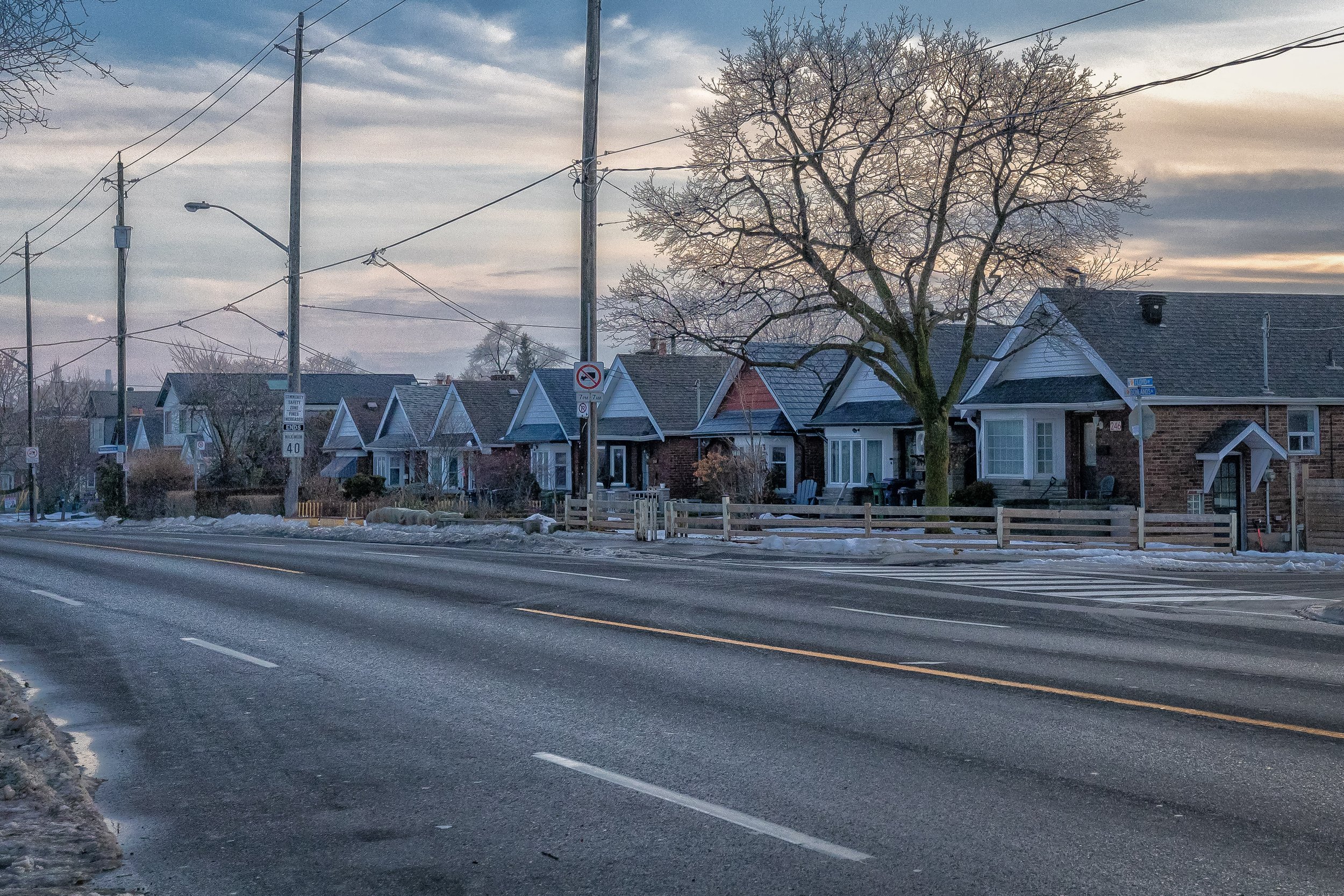 A row of post-war bungalows along Cosburn Avenue at Donlands Avenue, in northern Old East York