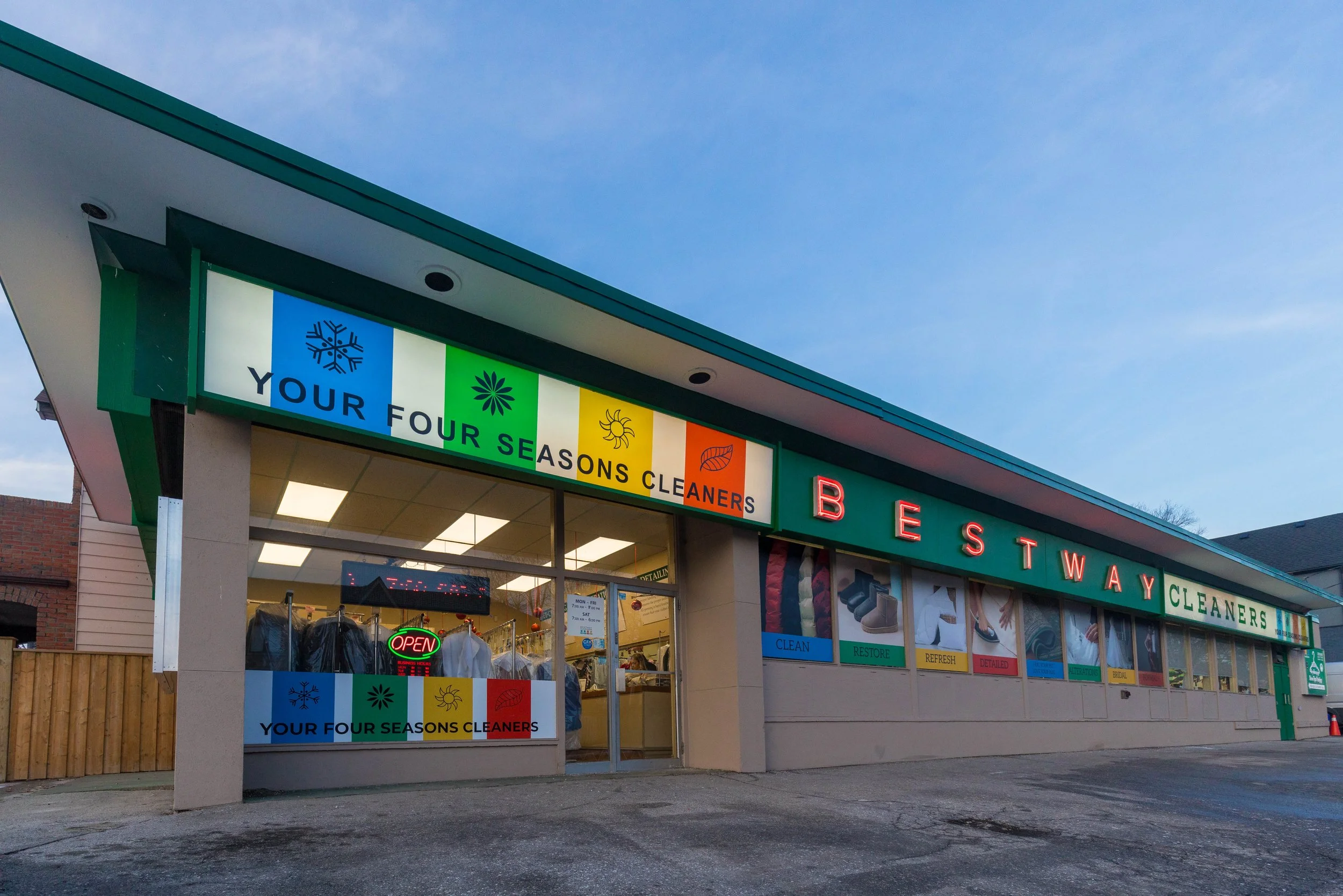 Wide view of Bestway Cleaners plaza at Donlands and Mortimer in East York, Toronto