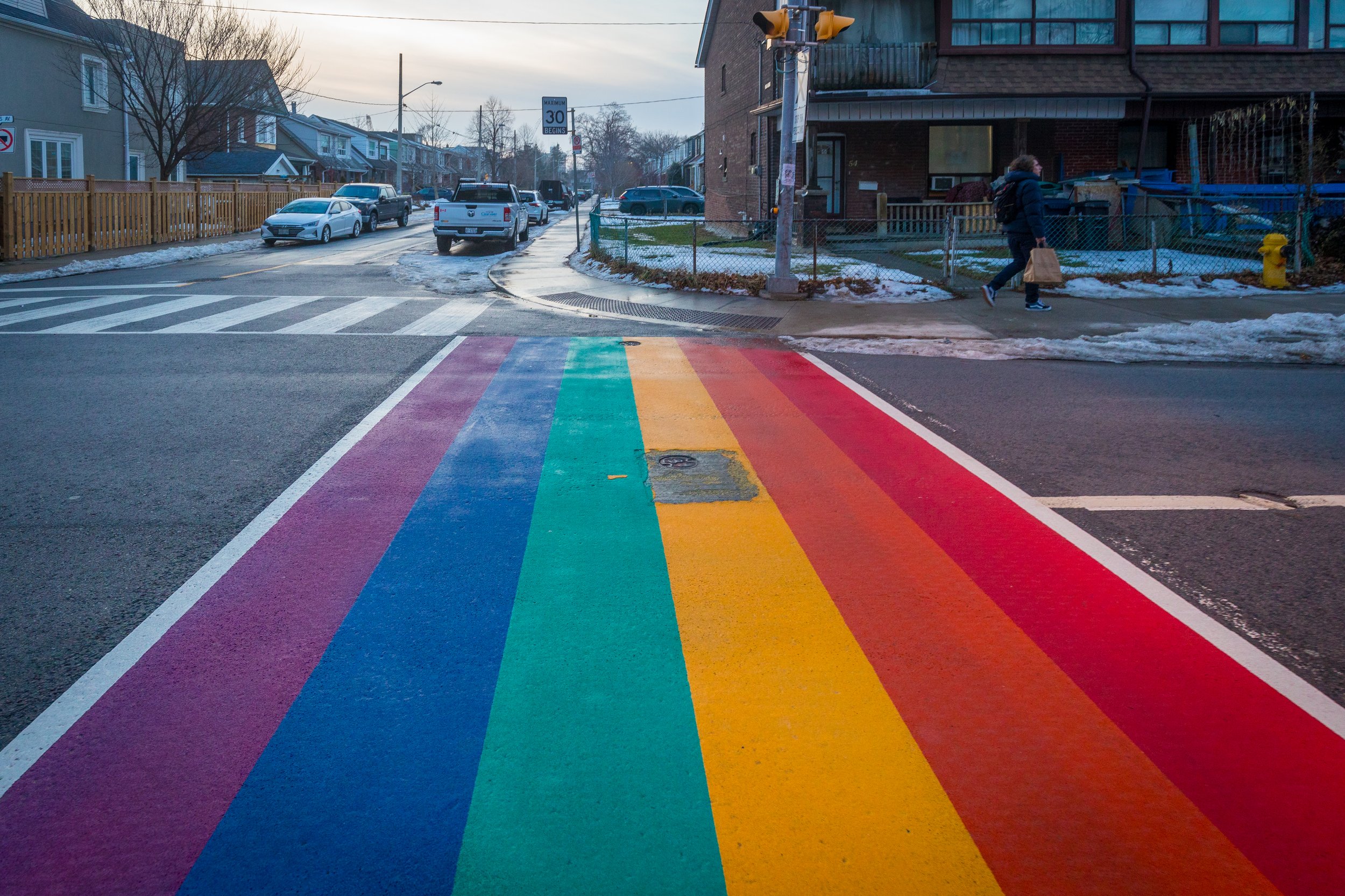Rainbow crosswalk near Wilkinson Junior Public School near Donlands Subway Station