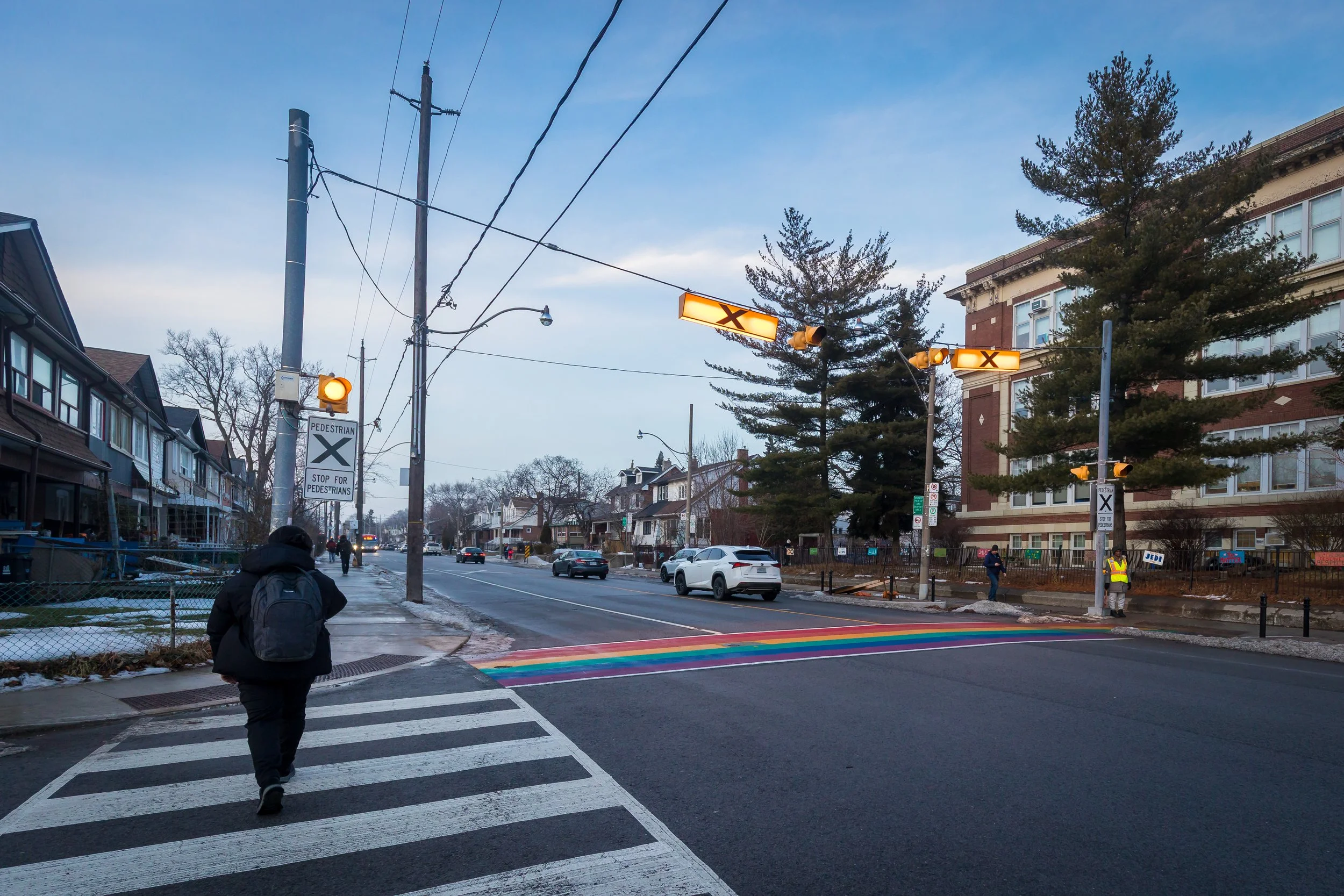 Pedestrian crossing near Wilkinson Junior Public School in East York.