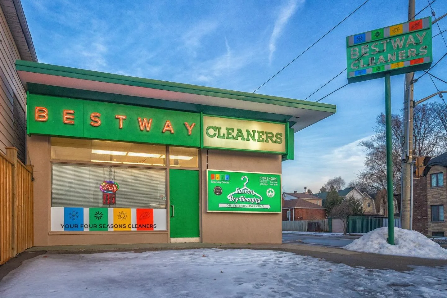 Bestway Cleaners
A Donlands classic. Quiet storefront, winter light, and a sign that&rsquo;s seen decades of coats, hems, and everyday life go by. 💚