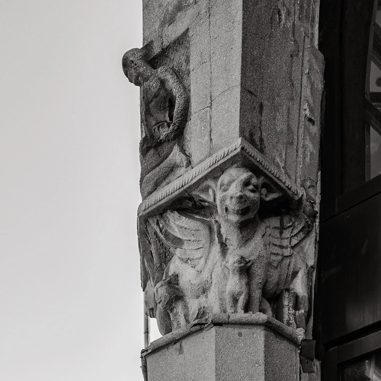 Stone guardians of Yonge &amp; Marlborough. Built in 1930 as the Pierce-Arrow automobile showroom, this heritage building still keeps watch with Merle Foster&rsquo;s cast-stone figures &mdash; human and mythical alike &mdash; catching the afternoon l