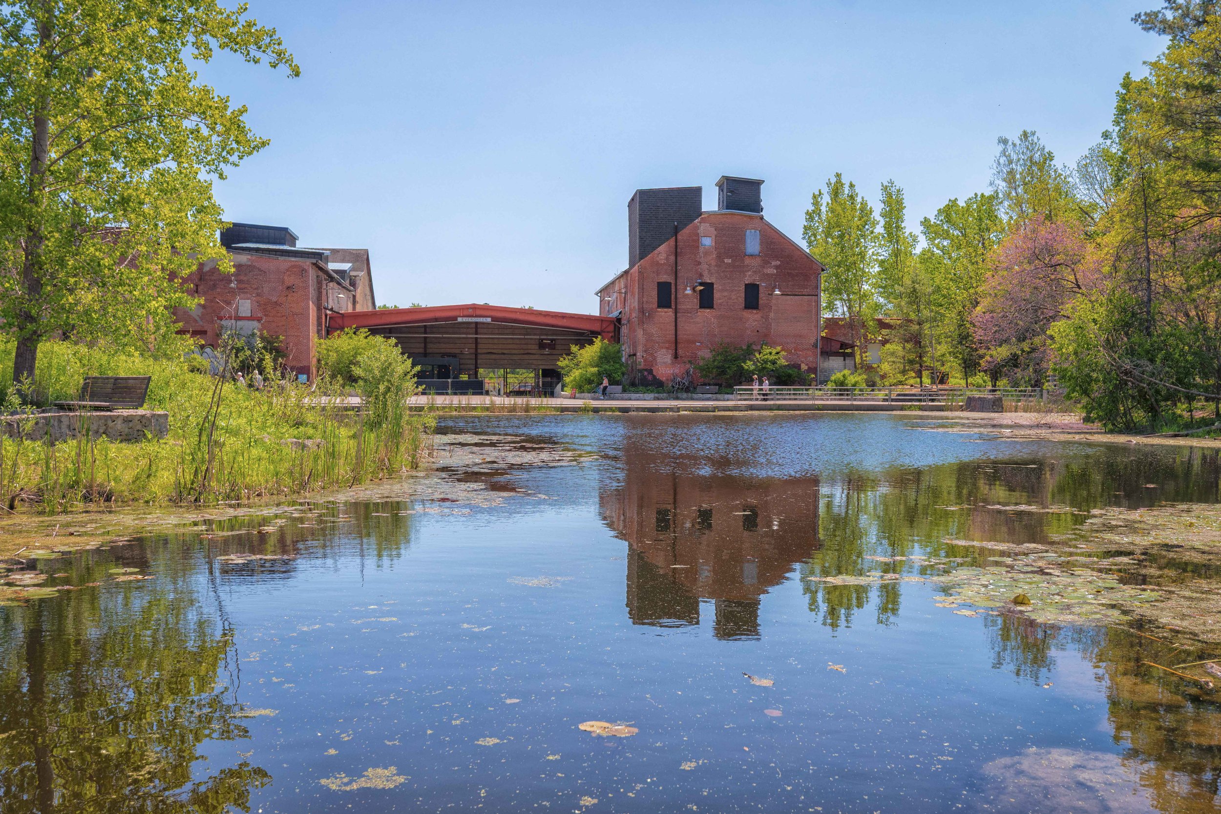 Historic buildings reflection at Don Valley Brick Works Park