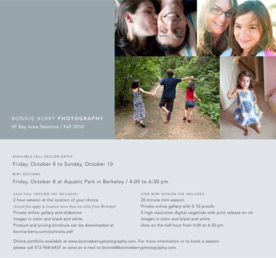 Full and Mini Sessions in the SF Bay Area October 8-10