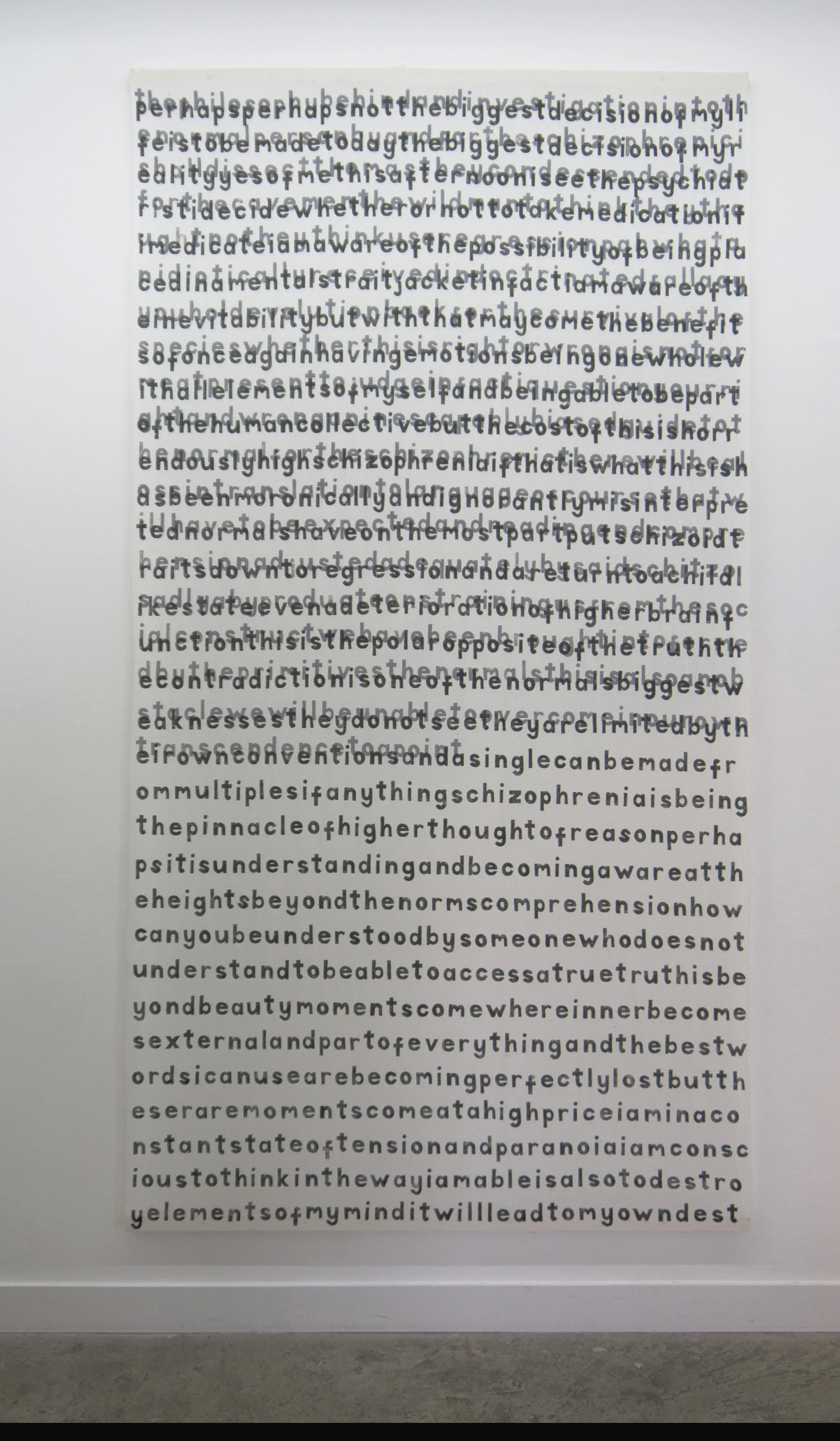 declarationandmanifesto, 2014, hand carved letters printed one at a time onto curtain lining, 126cm x 240cm