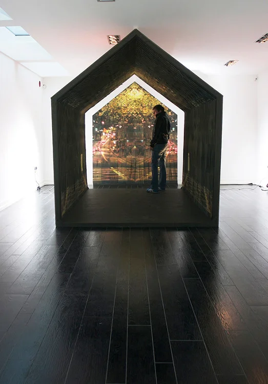 DOG KENNEL HILL, 2011, Approx 3000 Hand coloured copper plate etchings printed onto 5000 pieces of Velin Arches, mounted onto conservation board on wooden frame support. H240 x W200 x D280 cm