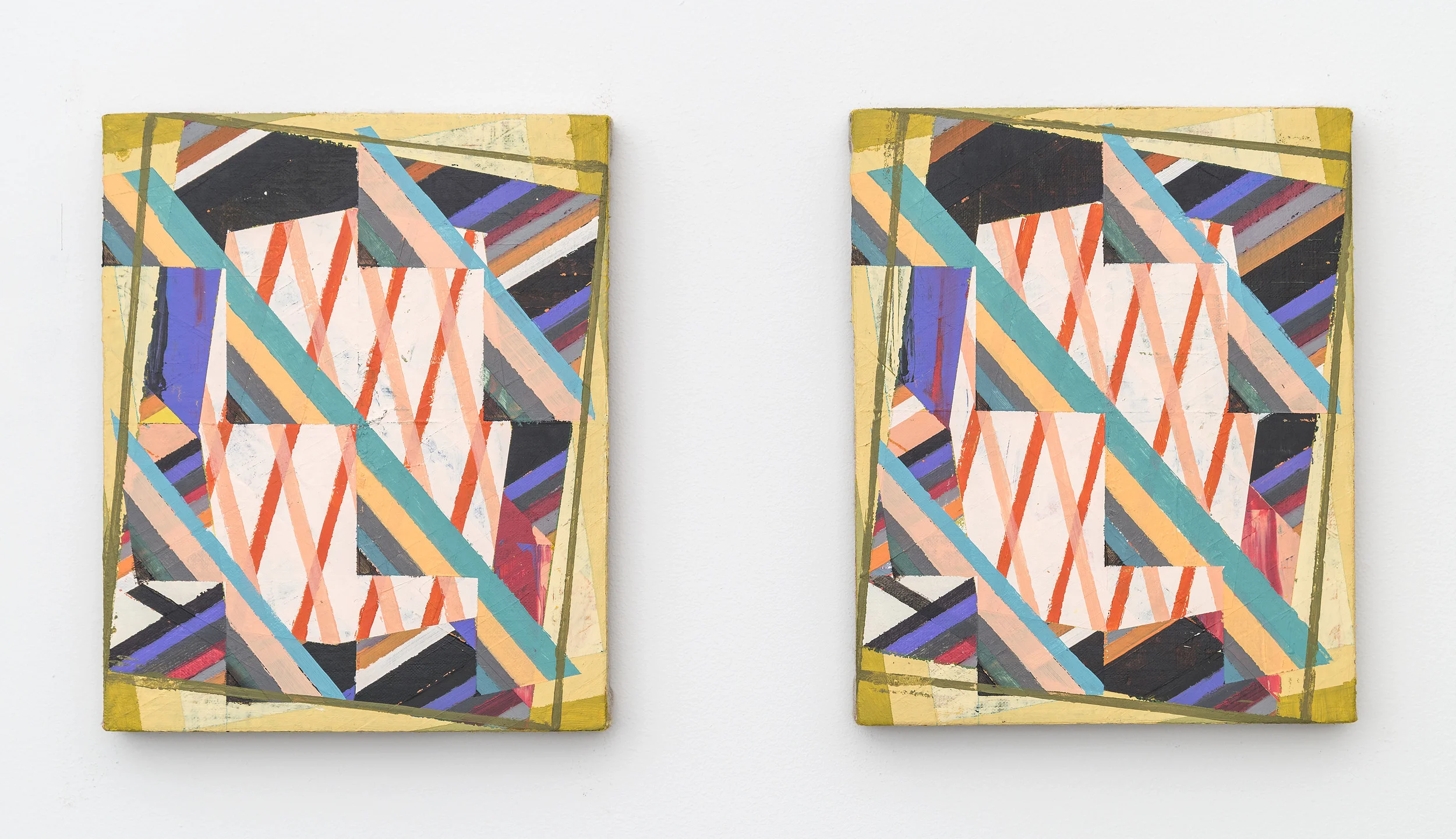 Two Left Feet and Vertigo (Diptych), 2016, Acrylic + colored pencil on linen over panels, 10 x 8 inches each