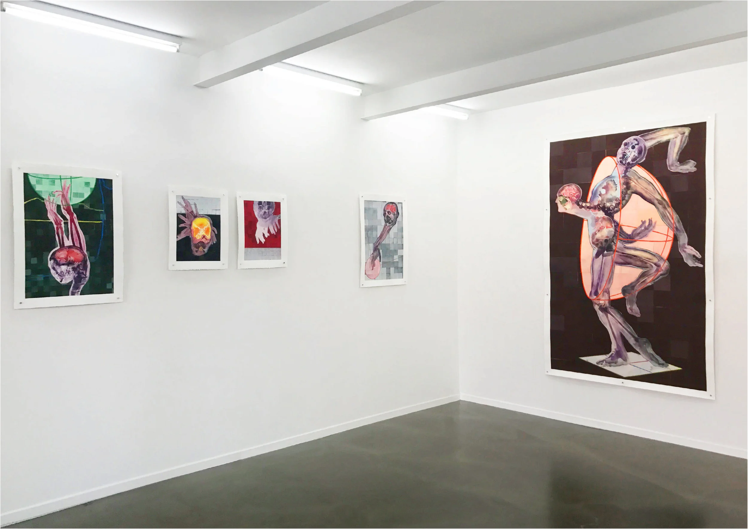 BIO CARRIER, CREATIONAL REPRESENTATION, IMMACULATE OBSERVER, RECOMBINED GYNOID, (r) THE ABIOGENETIC BEINGS HALF DEATH, 2017; Exhibition view, Galerie Kai Erdmann