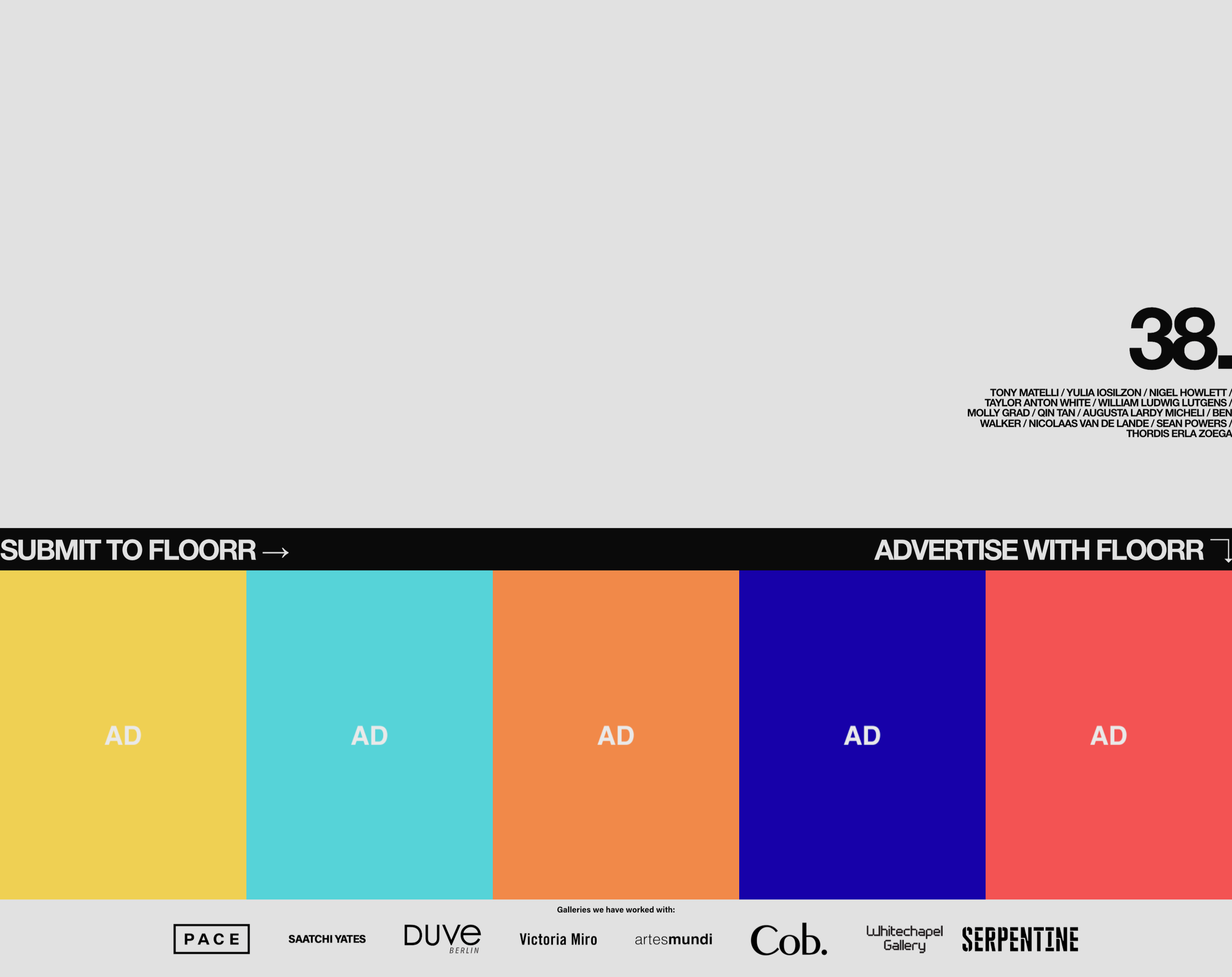 Colorful graphic with sections labeled 'AD' in yellow, turquoise, orange, blue, and red, and text at the top and bottom referring to submitting to Floorr and advertising with Floorr, plus a list of gallery names at the bottom.