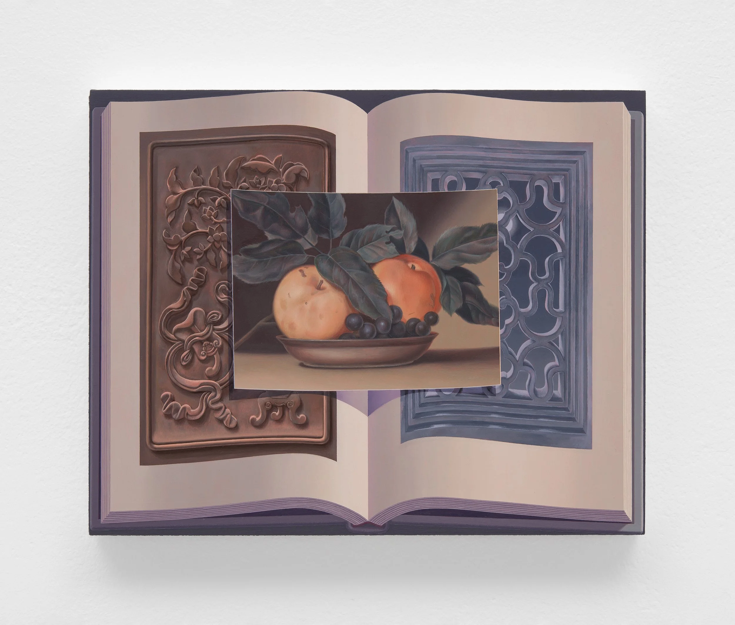  Night reading (Yu Yuan door panel carving, Peale's apples, moon through a garden window) Oil on panel 20.3 x 25.4 cm 2026 