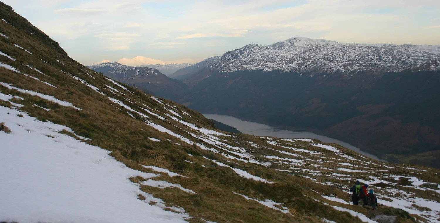 About half-way up Ben Ledi, looking down to Loch Lubnaig. Shortly after the main track turns sharply to head along the broad ridge that leads to the summit over many a hump and hummock.