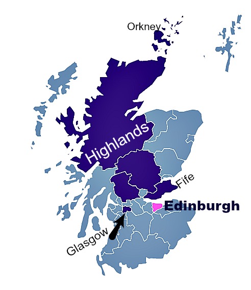 Map showing relative position of Edinburgh to the rest of Scotland. ‘Highlands’ here, refers to the adminstrative area and not the ‘geological Highlands’ which certainly include a big chunk of Perthshire, the area in the centre and adjacent to Fife in this illustration.