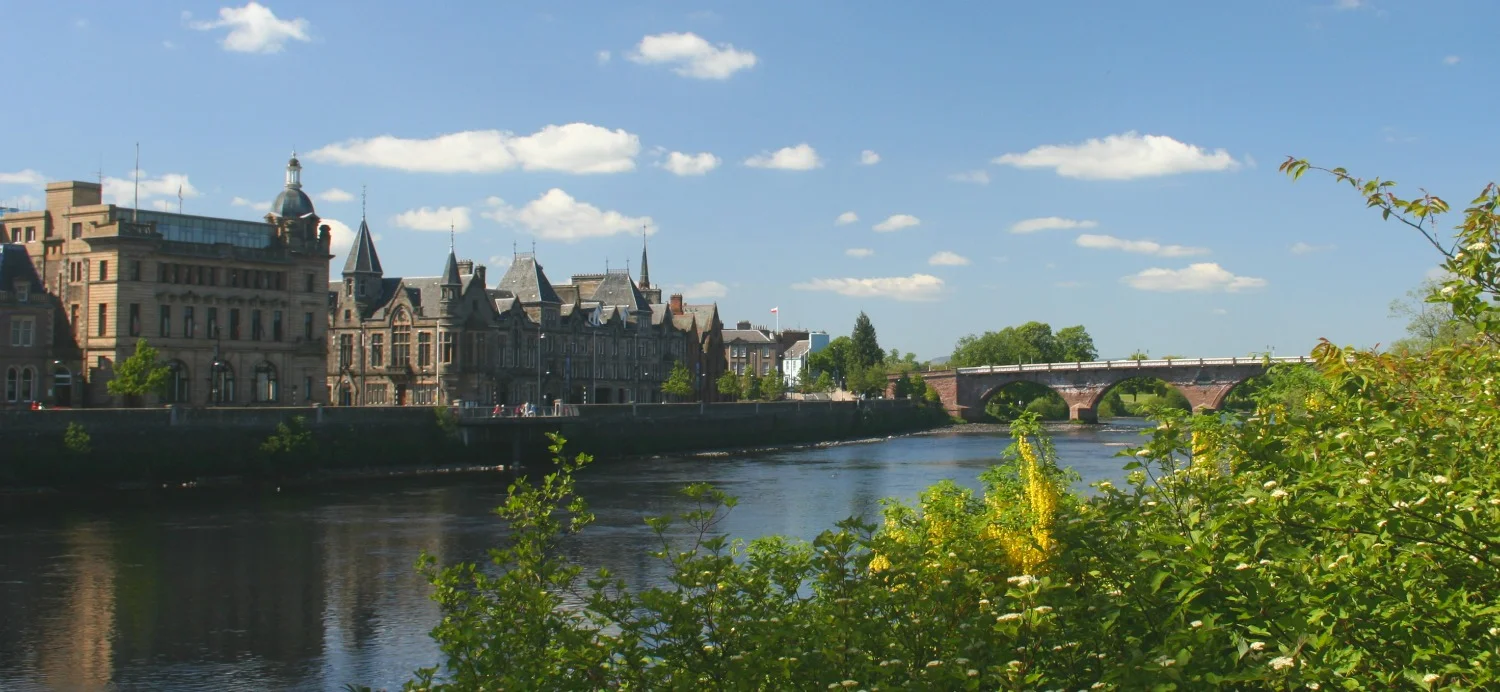 Perth’s waterfront, with Smeaton’s Bridge (right) and the former General Accident HQ, now part of the local cooncil, left.