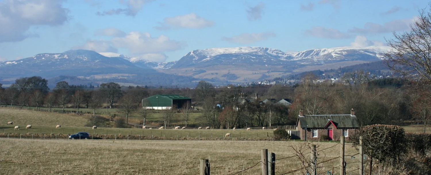 Looking north across the Highland Boundary Fault with Glen Turret and Ben Chonzie (white hilltop left-ish above green barn).