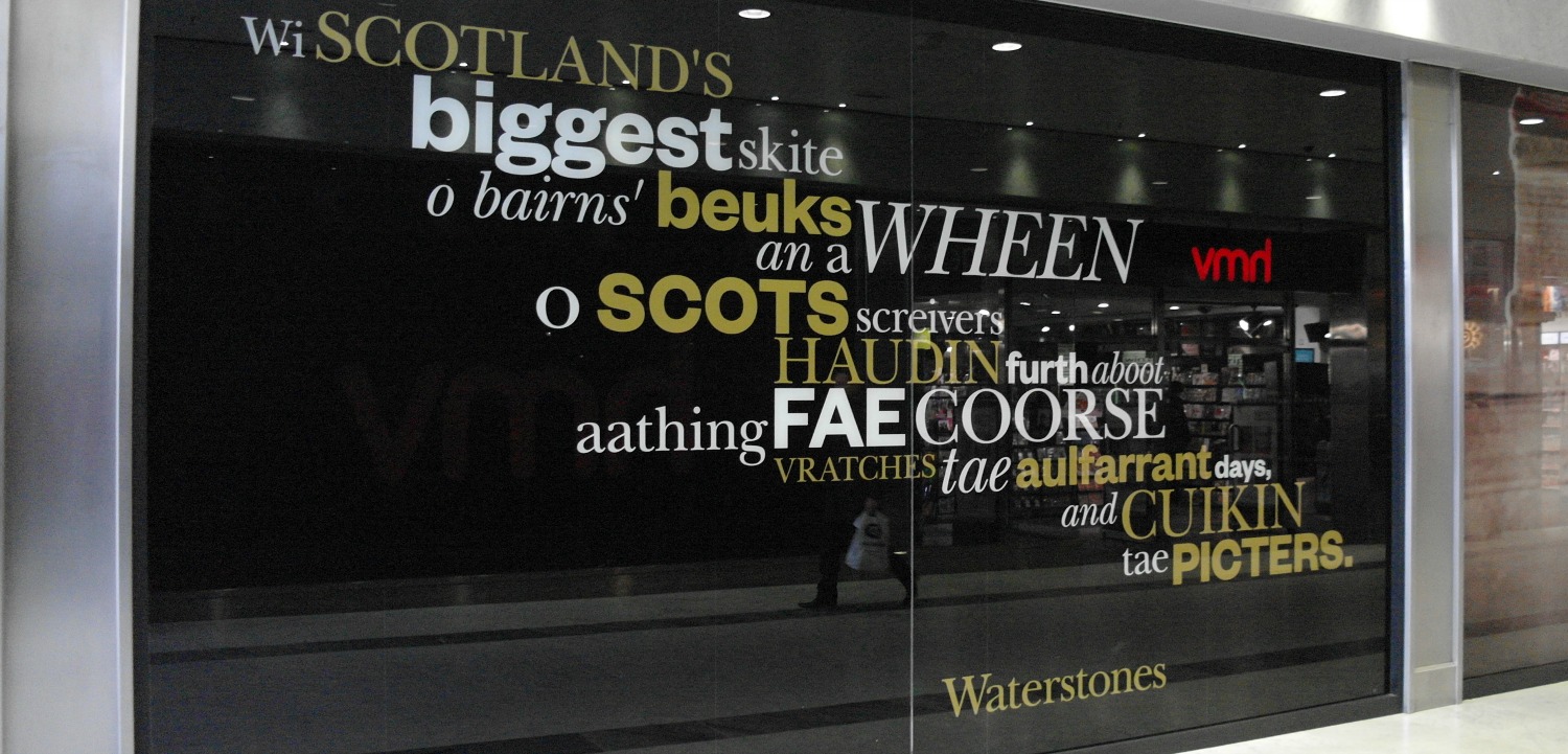 Scottish words in the window of Waterstones bookshop in Aberdeen